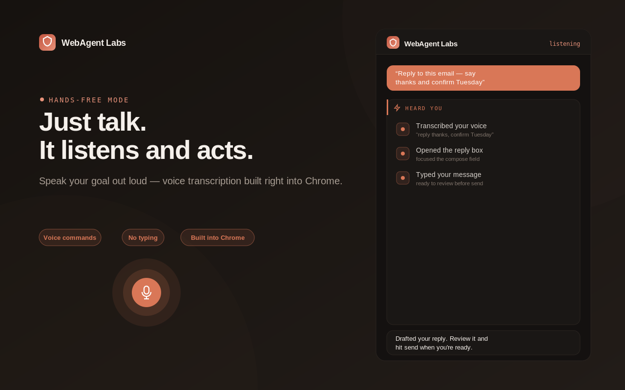 WebAgent Labs Voice Mode — hands-free conversation bar listening and replying while browsing