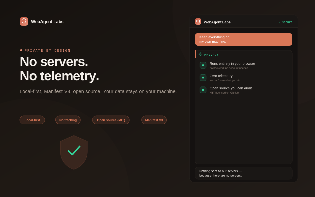 WebAgent Labs privacy — local-first settings with your own API keys, no servers and no telemetry