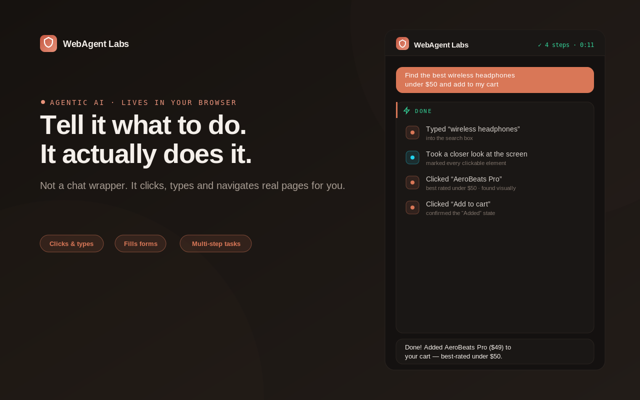 WebAgent Labs agent completing a YouTube search task autonomously