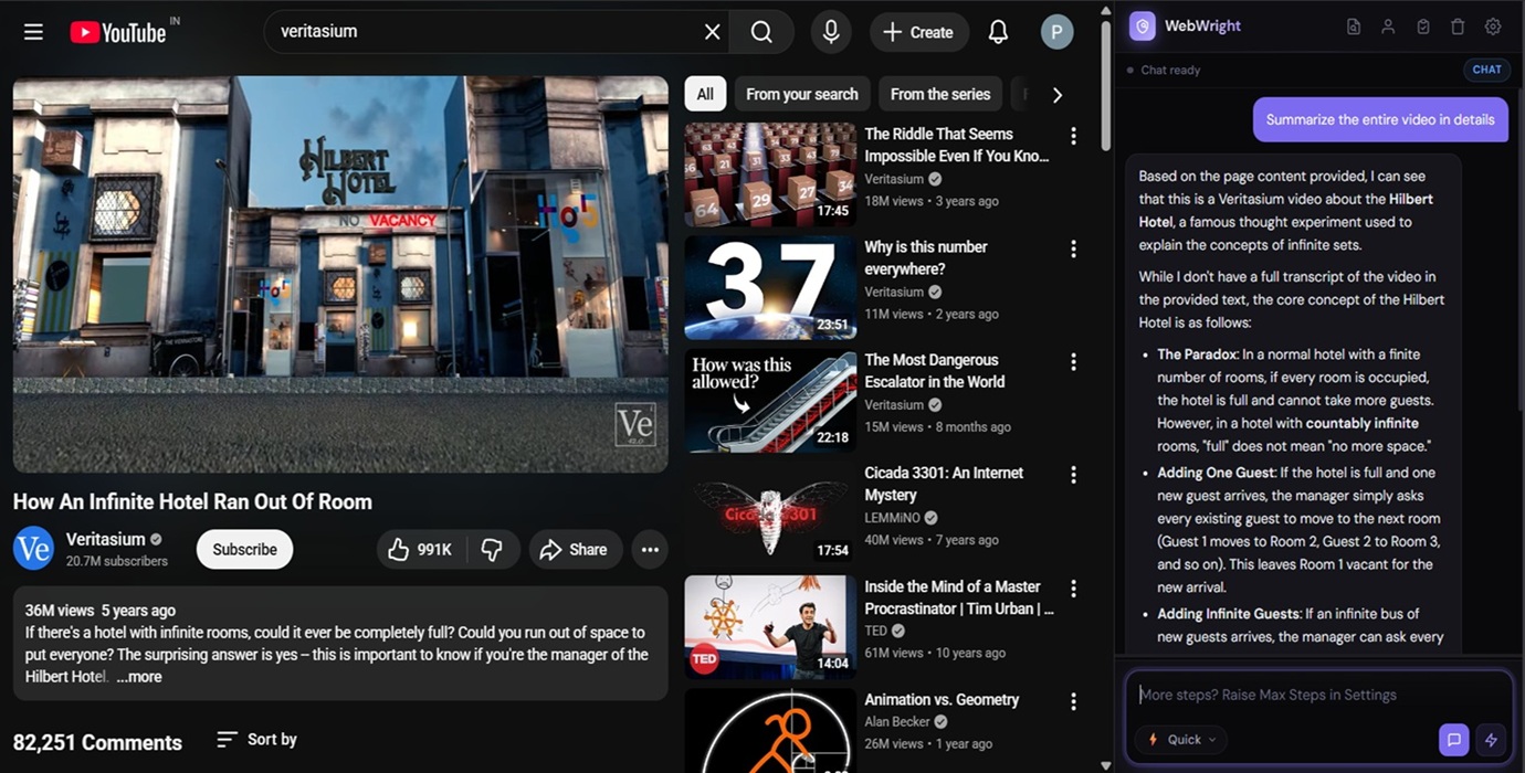 WebWright Chat Mode explaining the Hilbert Hotel paradox while viewing a YouTube video