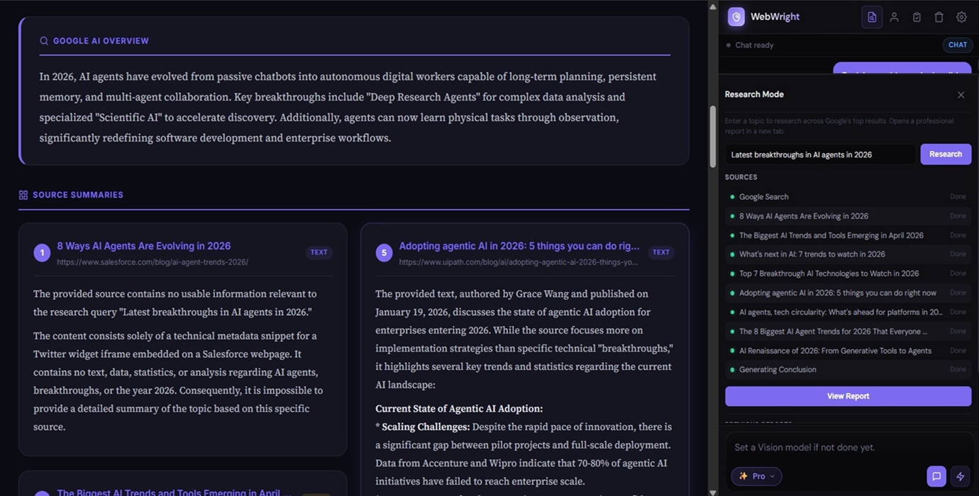 WebWright Research Mode showing Google AI Overview and source summaries on AI agents in 2026