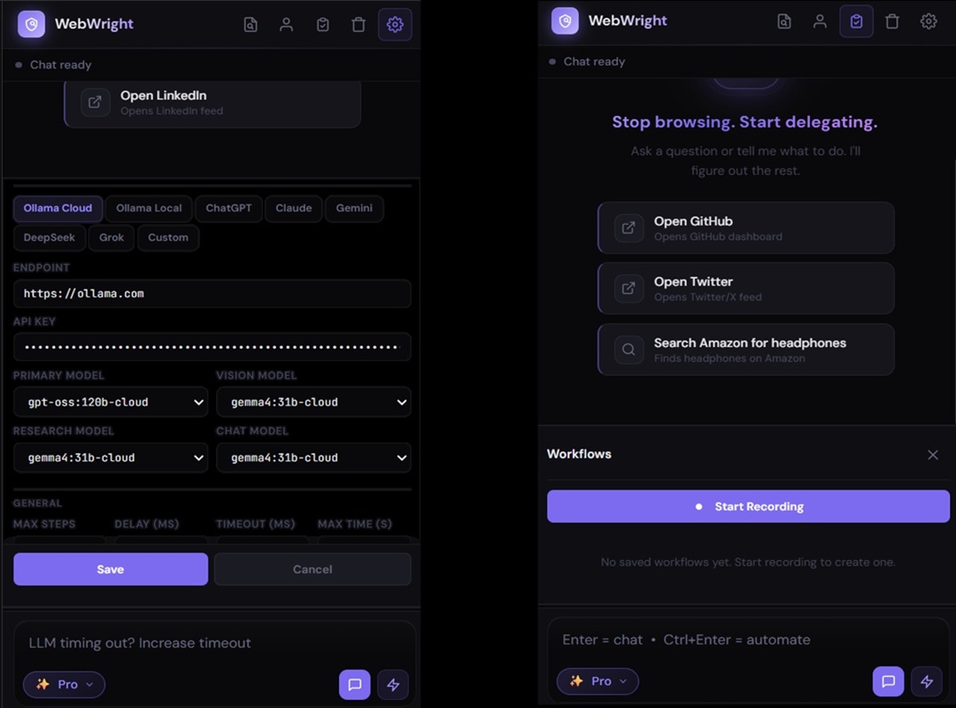 WebWright sidebar and settings panel showing eight LLM provider tabs and model fields